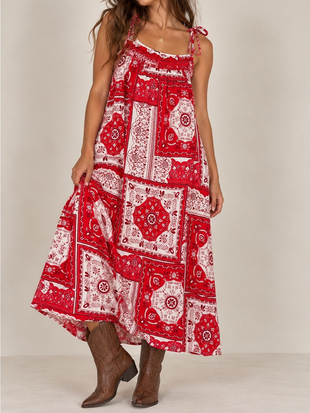 Red & White Patchwork Bandana Paisley Smocked Boho Western Maxi Cami Stap Dress